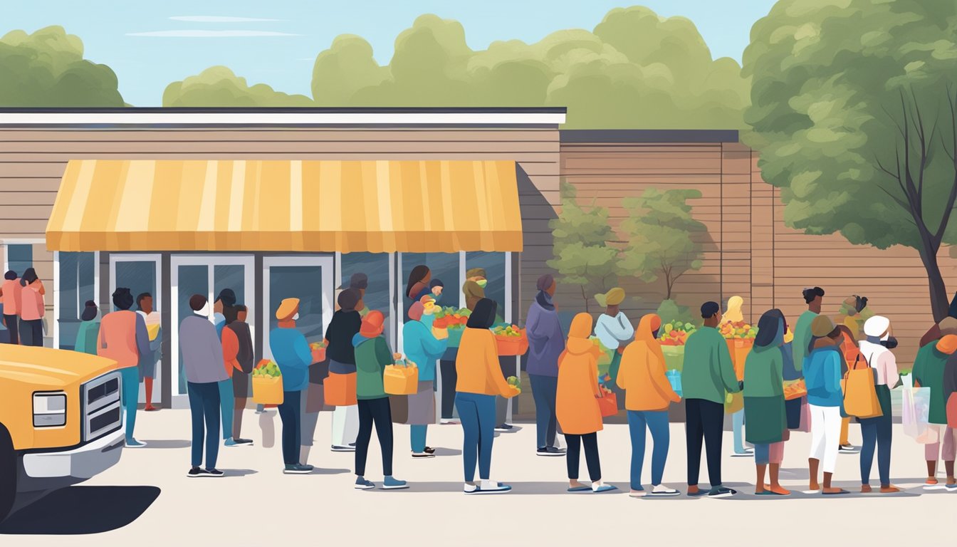 A line of people waiting outside a food pantry, with volunteers handing out bags of groceries