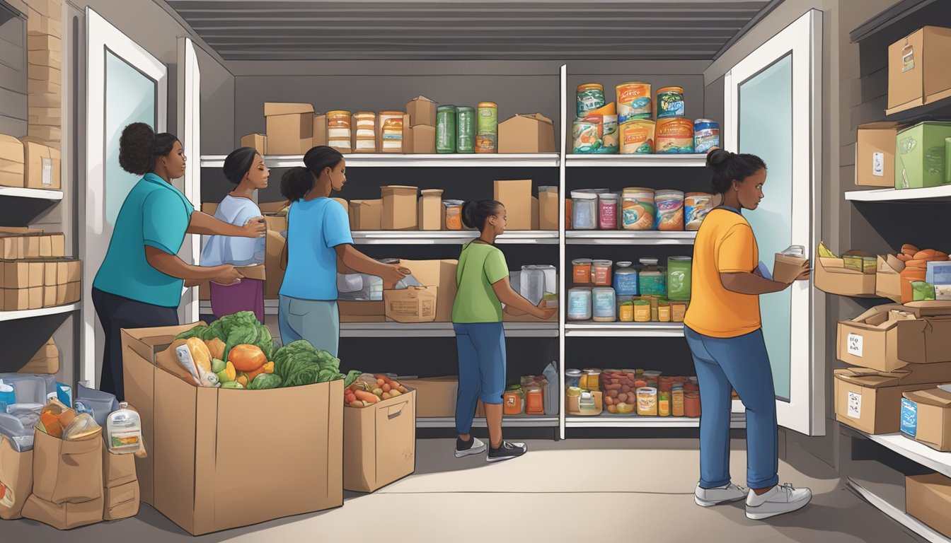 A bustling food pantry in rural Texas, with volunteers distributing groceries to families in need