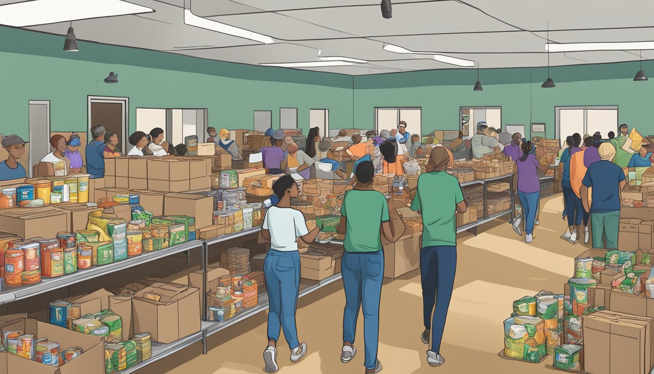 A bustling food pantry in Jefferson County, Texas, with volunteers distributing free groceries to those in need