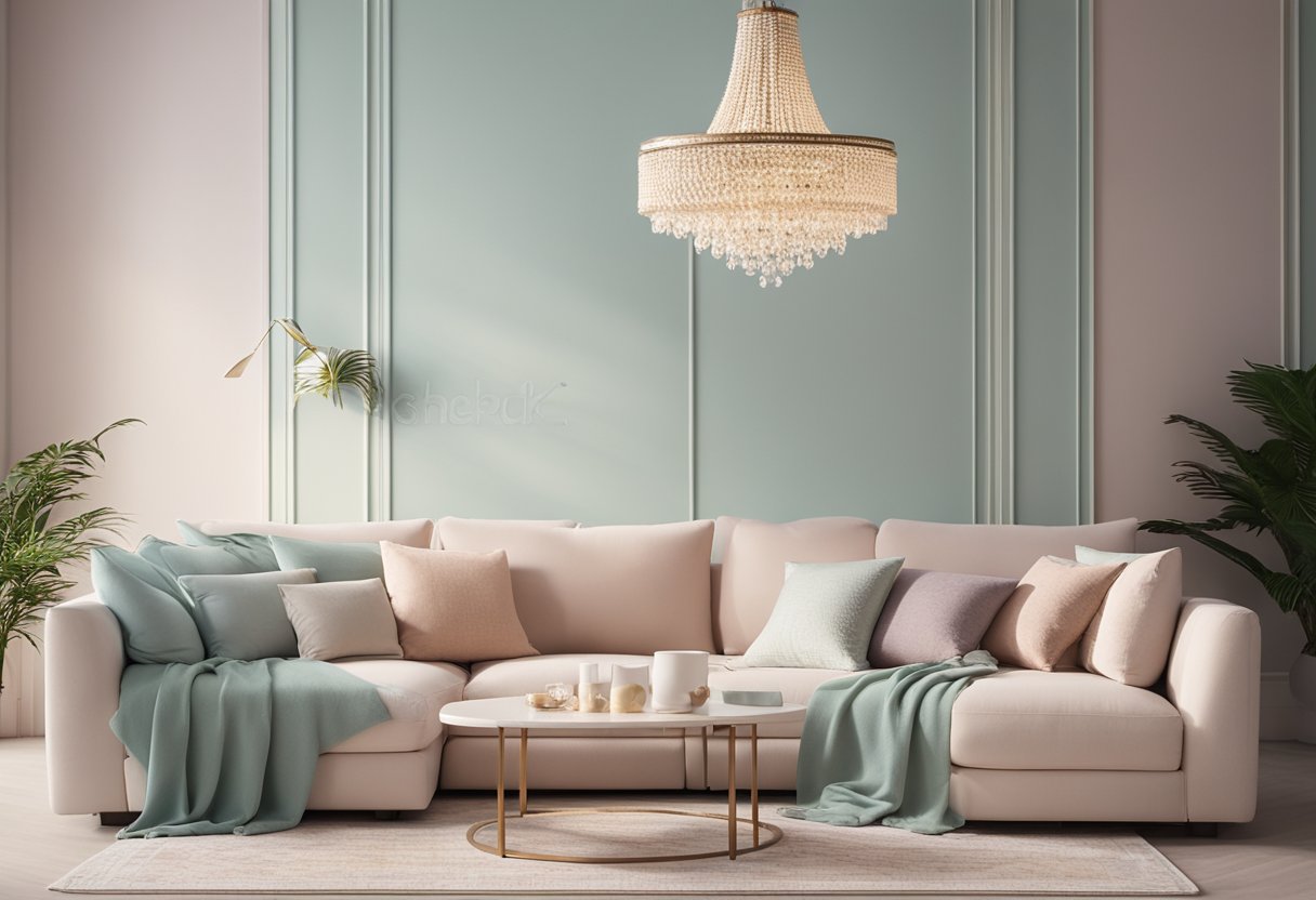 A cozy living room with pastel-colored throw pillows on a plush sofa, a delicate floral rug, and a dainty chandelier hanging from the ceiling