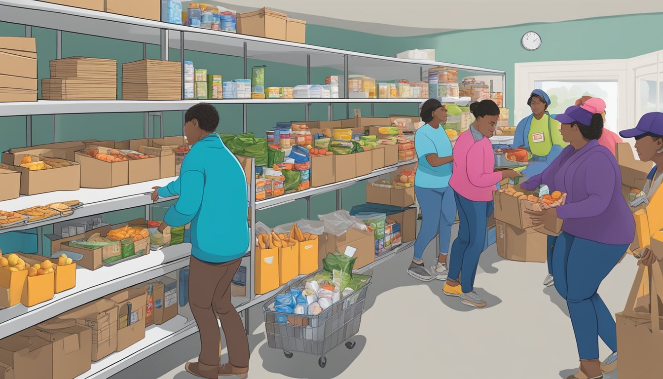 A bustling food pantry in Irion County, Texas, with volunteers distributing free groceries to those in need