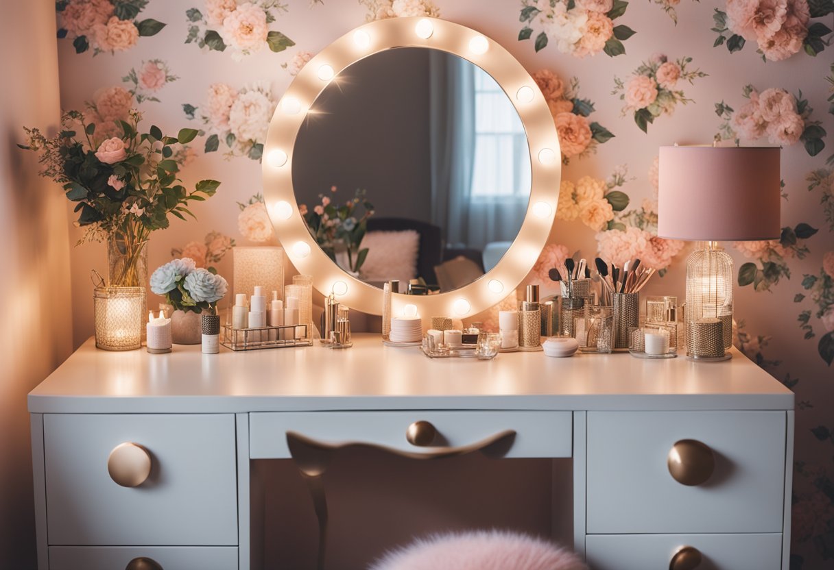 A cozy, pastel-colored living room with floral wallpaper, plush furniture, and twinkling fairy lights. A vanity table is adorned with makeup and jewelry