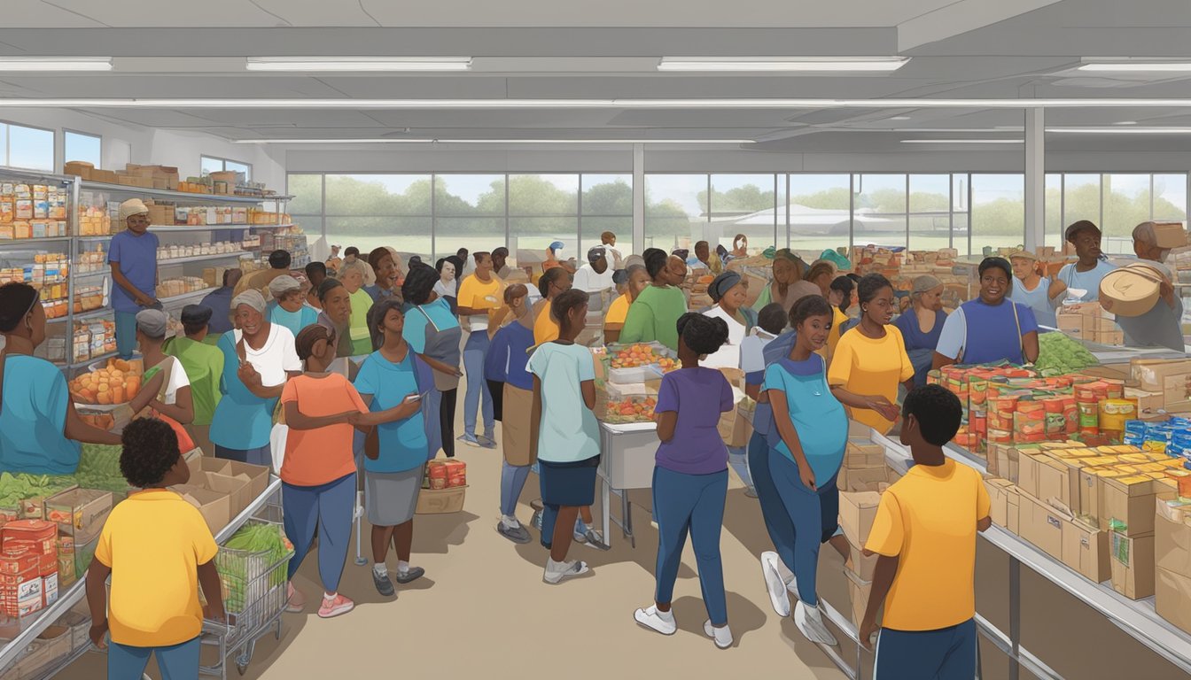 A bustling food pantry in Harris County, Texas, with volunteers distributing groceries to those in need