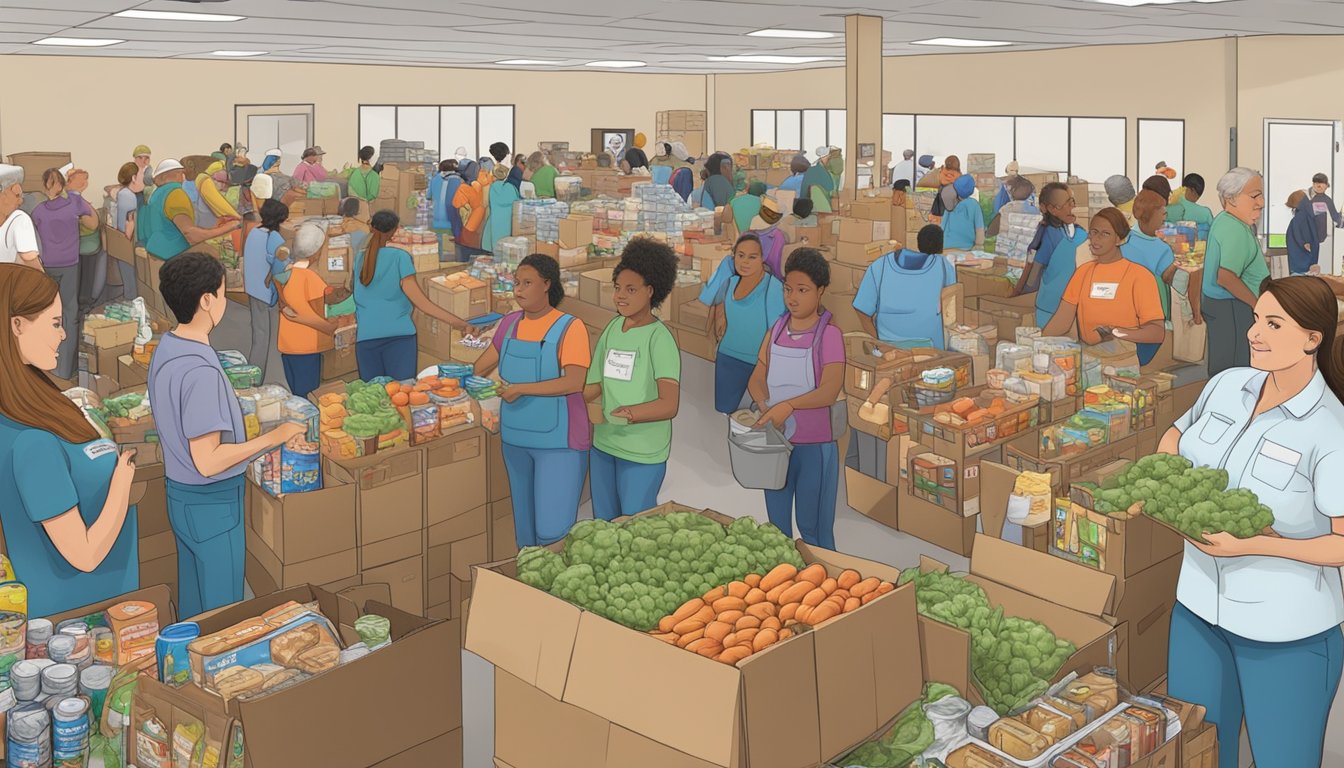 A bustling food pantry in Jefferson County, Texas, with volunteers distributing free groceries to those in need