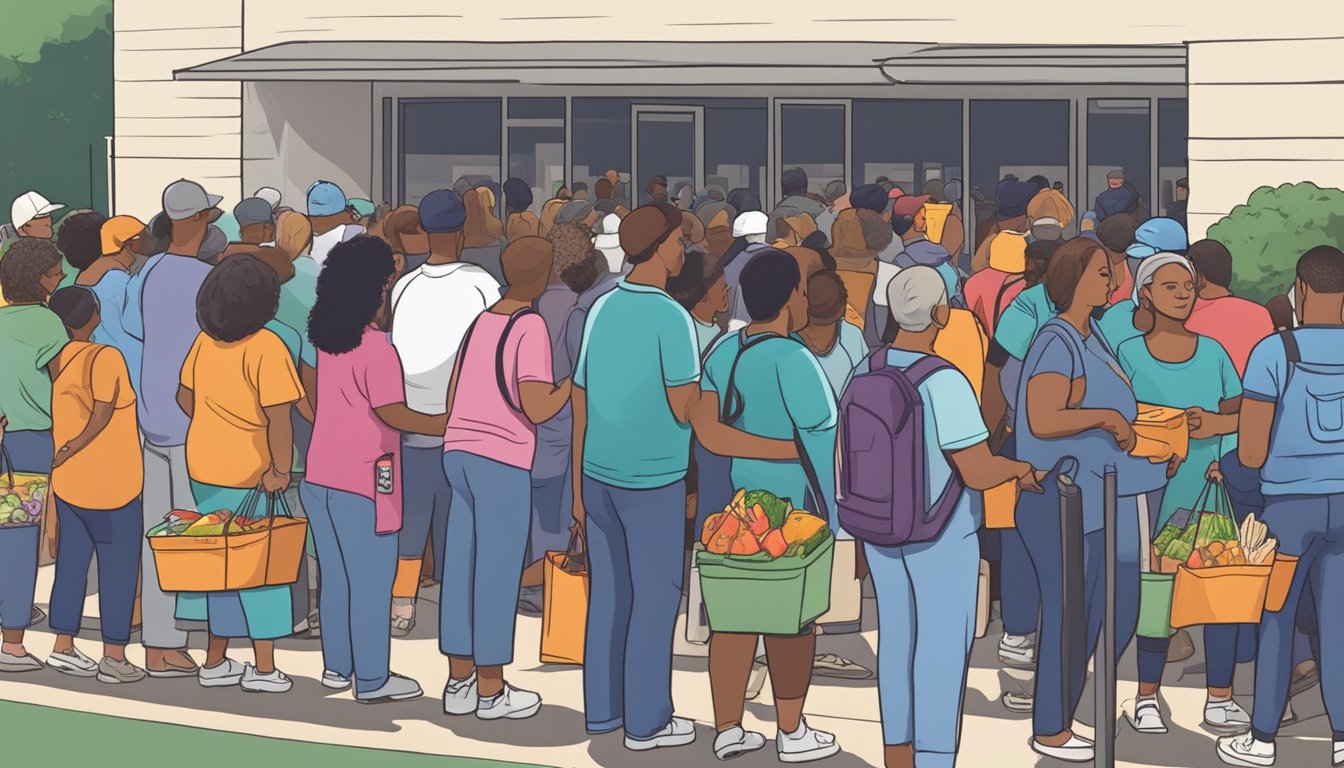 A line of people waiting outside a food pantry in Harris County, Texas, with volunteers handing out free groceries