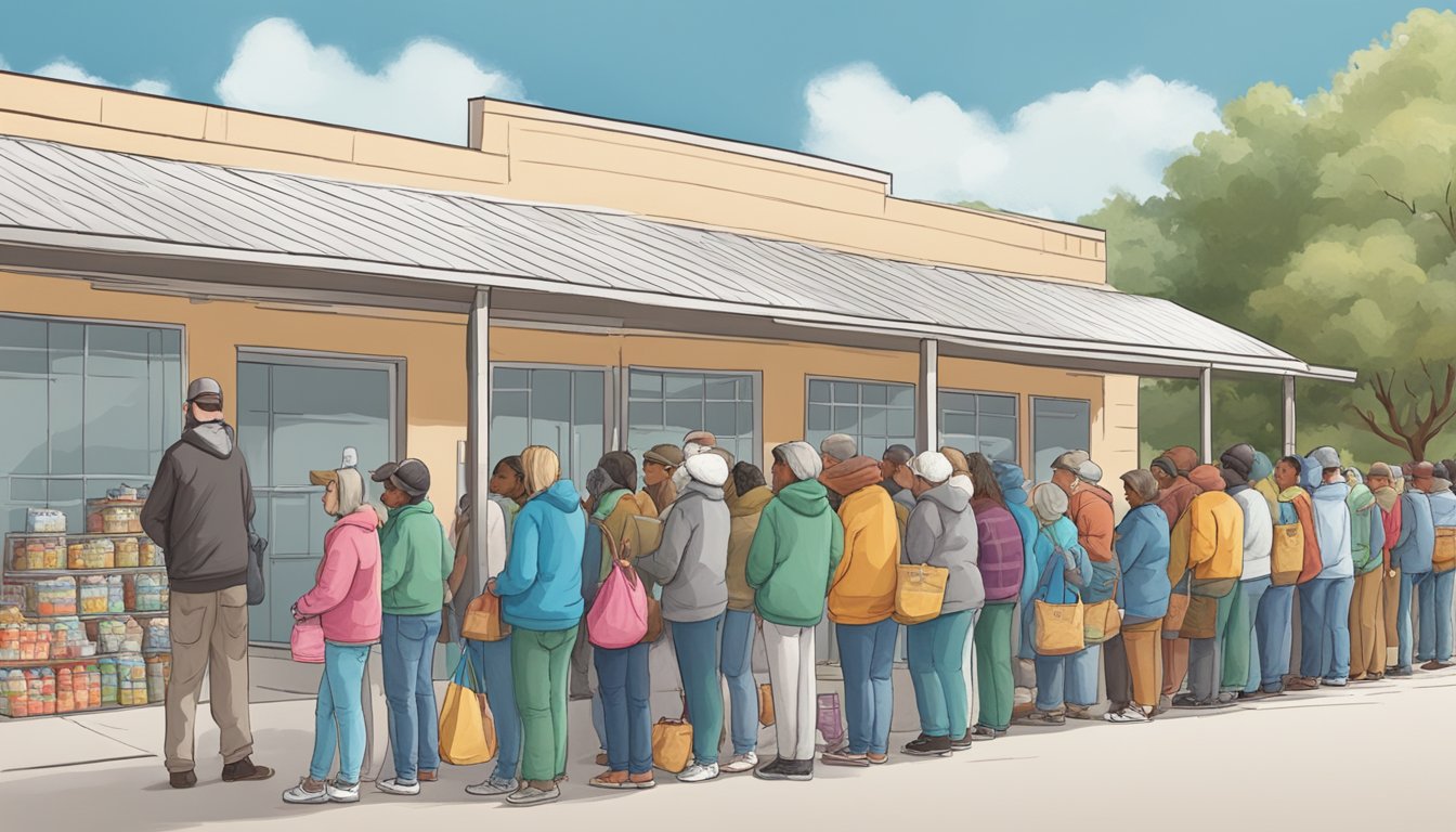 A line of people wait outside a food pantry in Irion County, Texas. Volunteers hand out bags of groceries to those in need