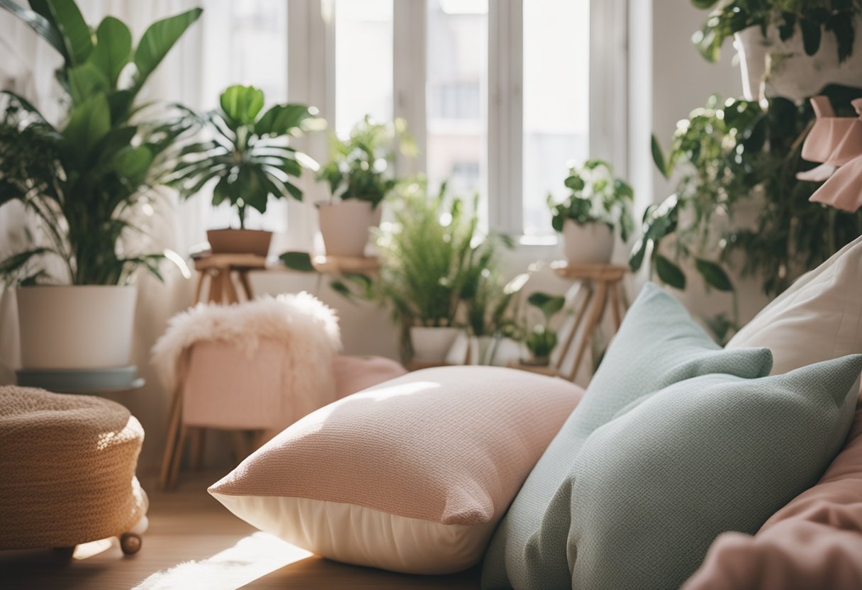 A cozy, girly apartment with pastel colors, fluffy pillows, and delicate decor. Aesthetic accessories like plants, fairy lights, and vintage trinkets adorn the space