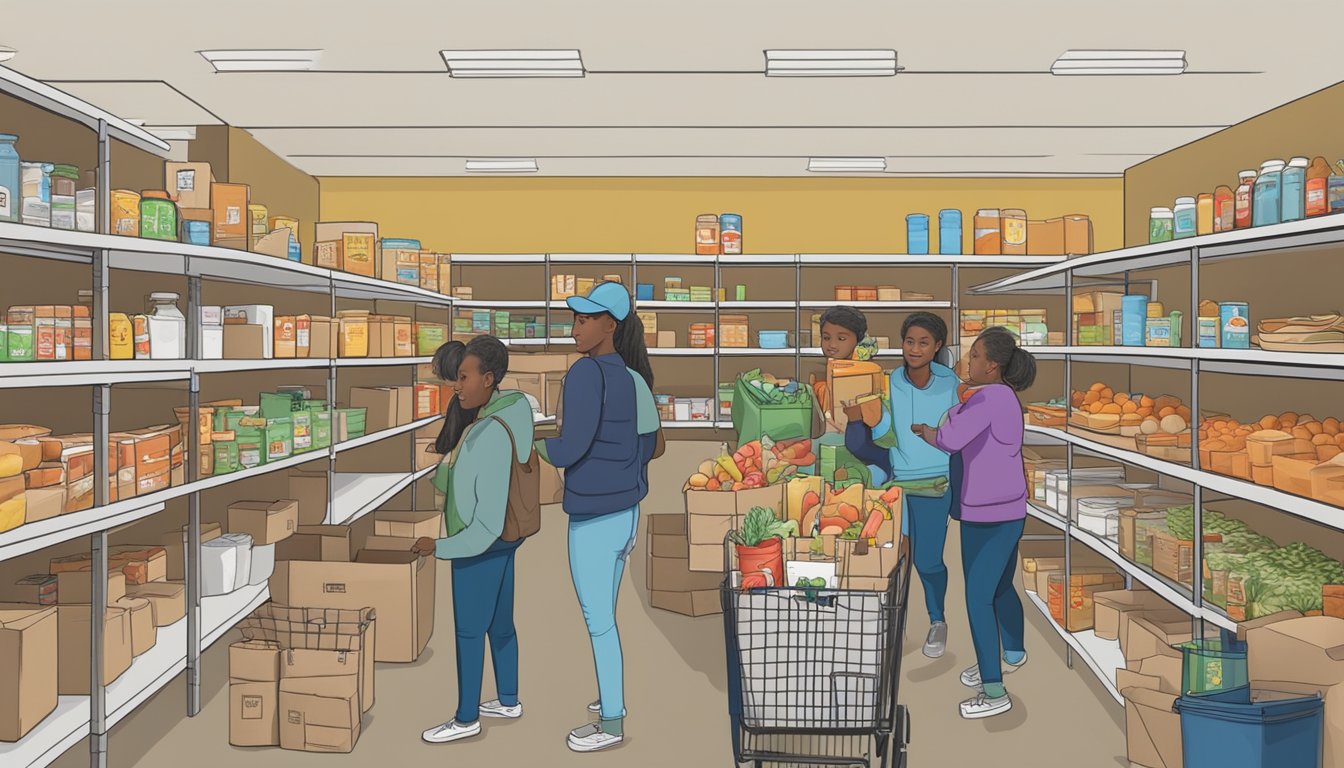 A bustling food pantry in Jefferson County, Texas, with volunteers distributing free groceries to those in need