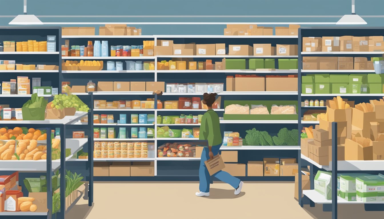 A bustling food pantry in Harris County, Texas, with shelves stocked full of free groceries and volunteers assisting those in need