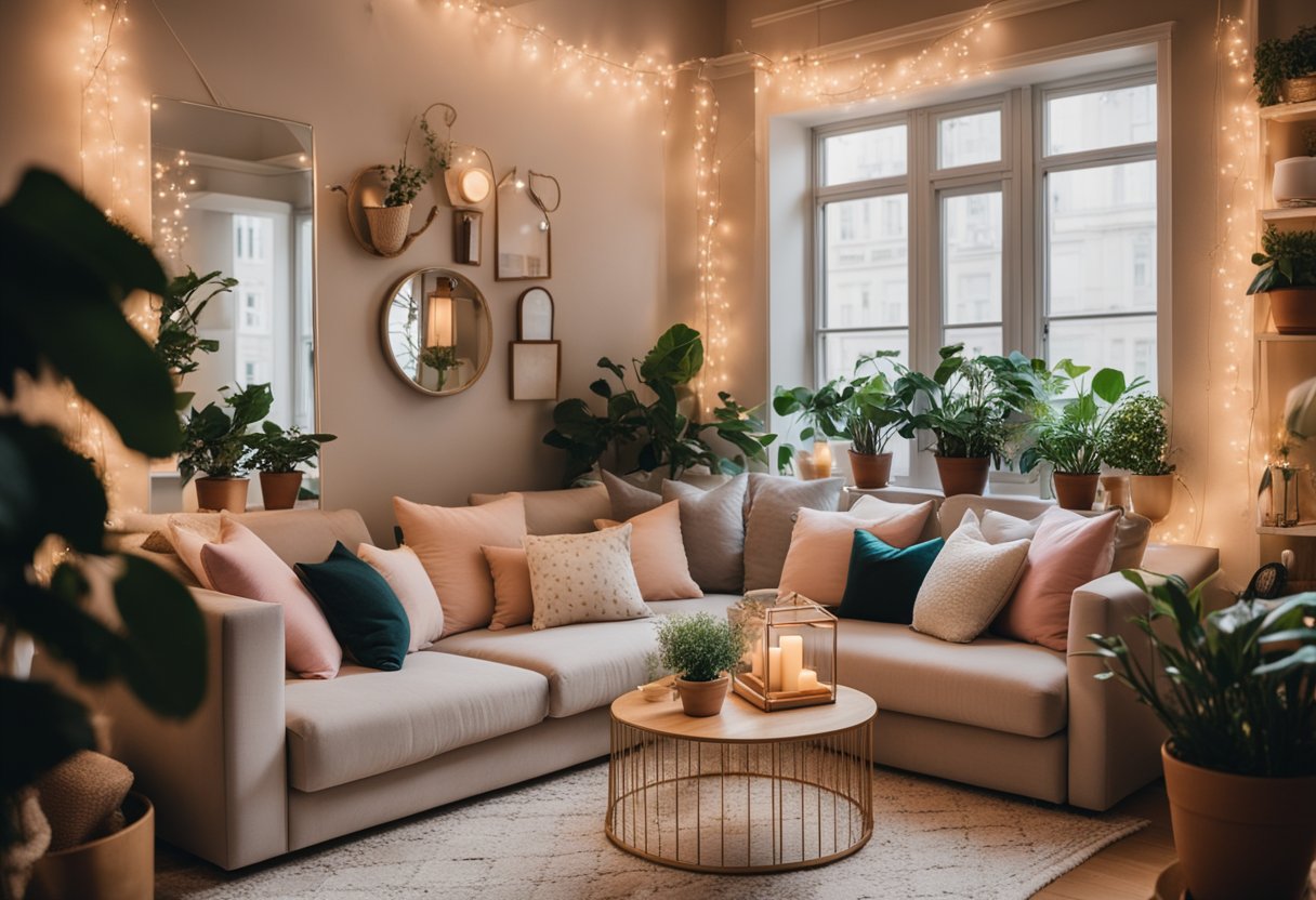 A cozy apartment with pastel colors, fluffy pillows, and twinkling fairy lights. Aesthetic decor includes potted plants, vintage mirrors, and a gallery wall of inspirational quotes