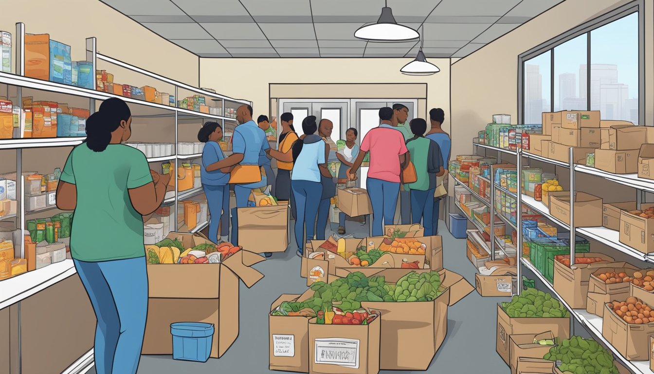 A bustling food pantry in Harris County, Texas, with volunteers distributing free groceries to those in need