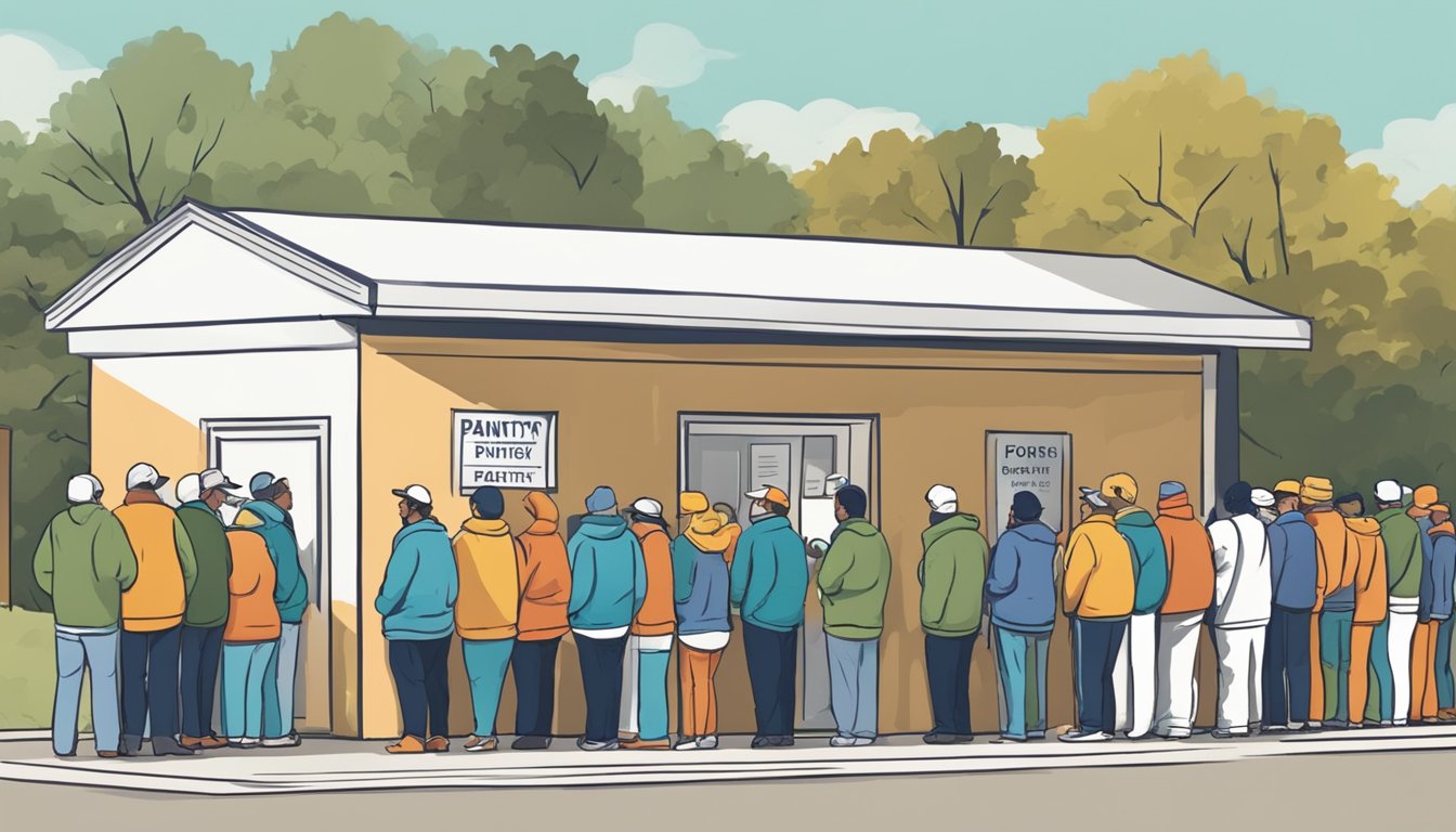 People line up outside a food pantry in Jefferson County, Texas, waiting to receive free groceries. Volunteers help distribute the food to those in need