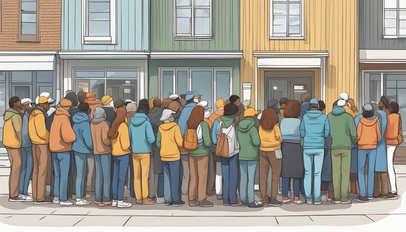 A line of people waiting outside a food pantry, with volunteers distributing free groceries and supplies to those in need