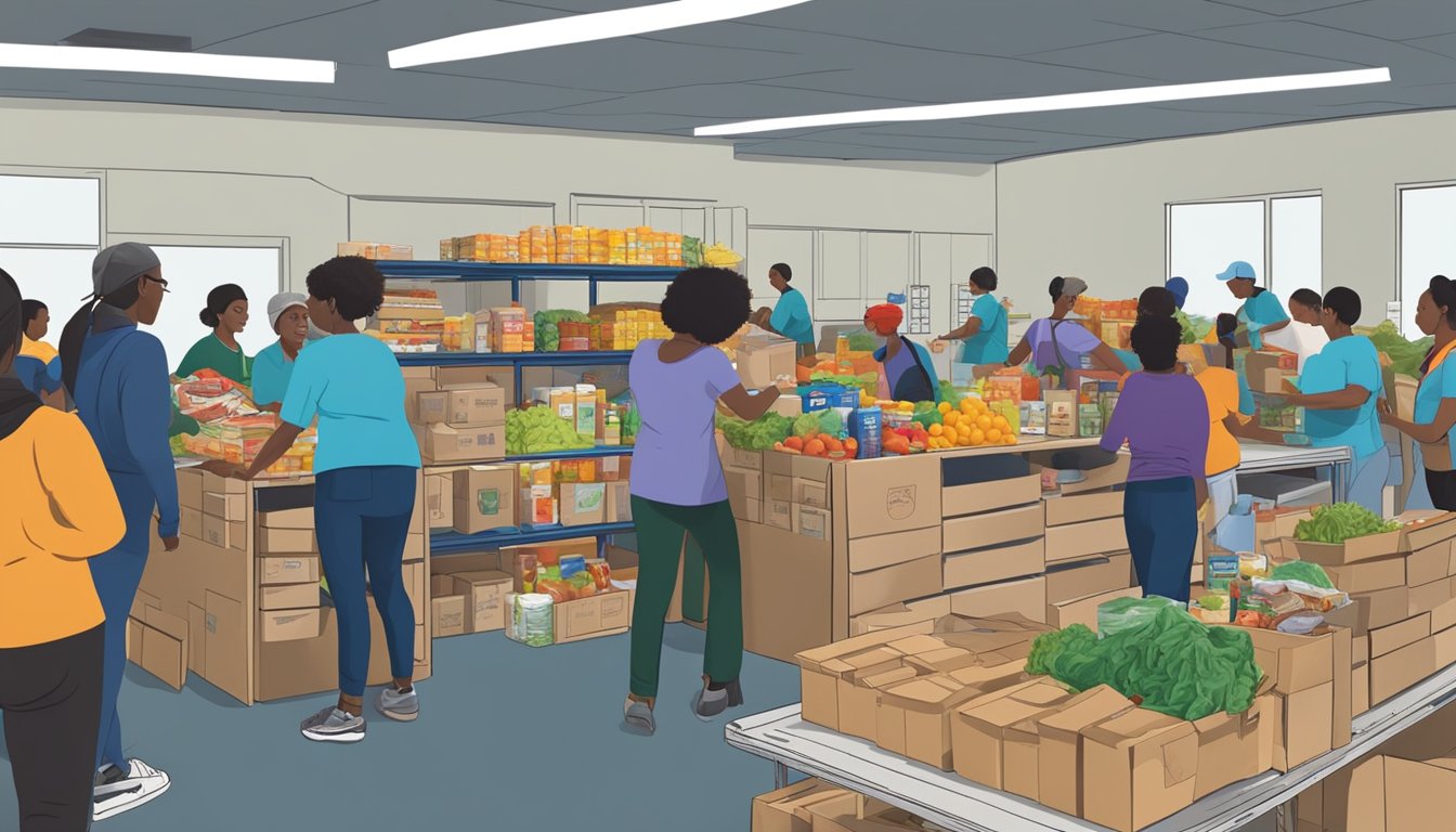 A bustling food pantry in Harris County, Texas, with volunteers distributing free groceries to those in need