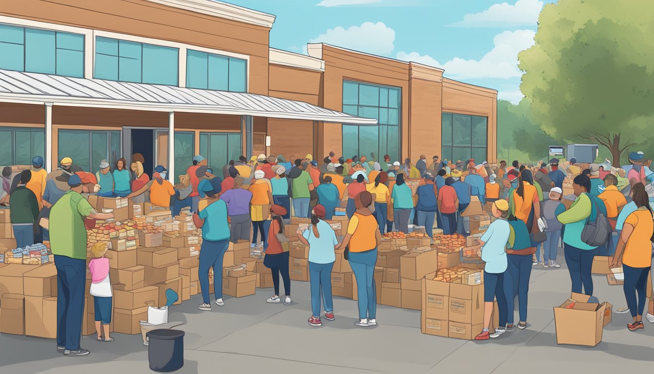 A bustling food distribution event in Jefferson County, Texas, with volunteers handing out free groceries and food pantry items to those in need