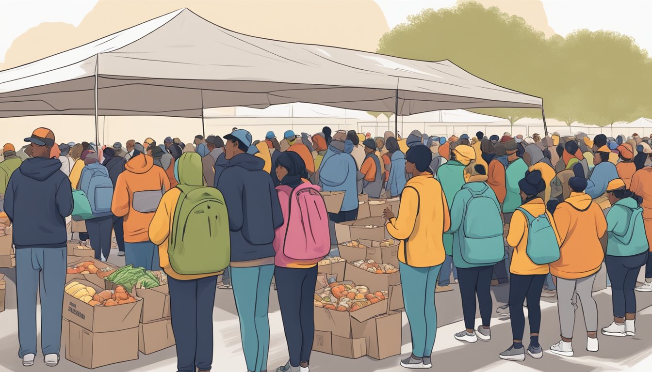 A line of people waiting at a food distribution event in Harris County, Texas, with volunteers handing out free groceries and food items