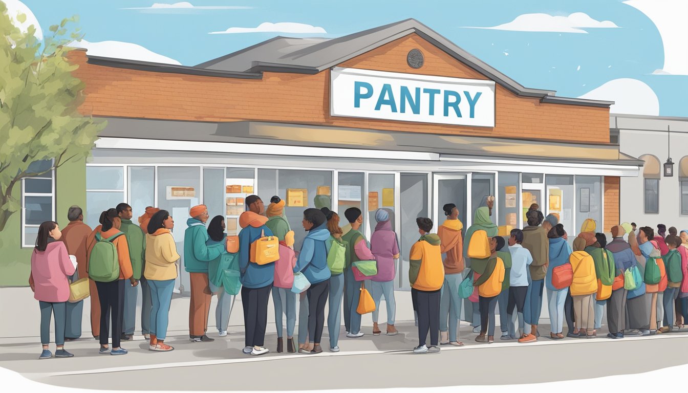 A line of people wait outside a food pantry, with volunteers handing out bags of groceries and supplies