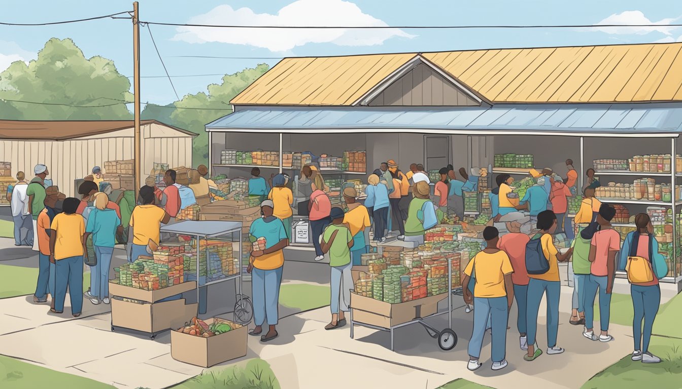 A bustling food pantry in Jasper County, Texas, with volunteers distributing free groceries and providing nutritional education to those in need