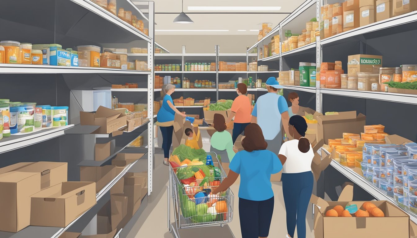 A bustling food pantry in Jasper County, Texas, with volunteers distributing free groceries to those in need