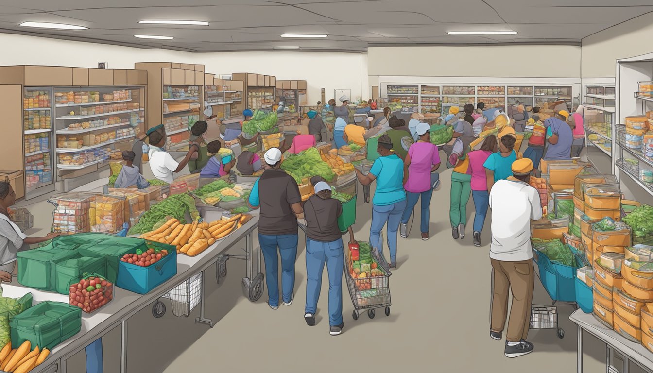 A bustling food pantry in Jasper County, Texas, with volunteers distributing free groceries to those in need