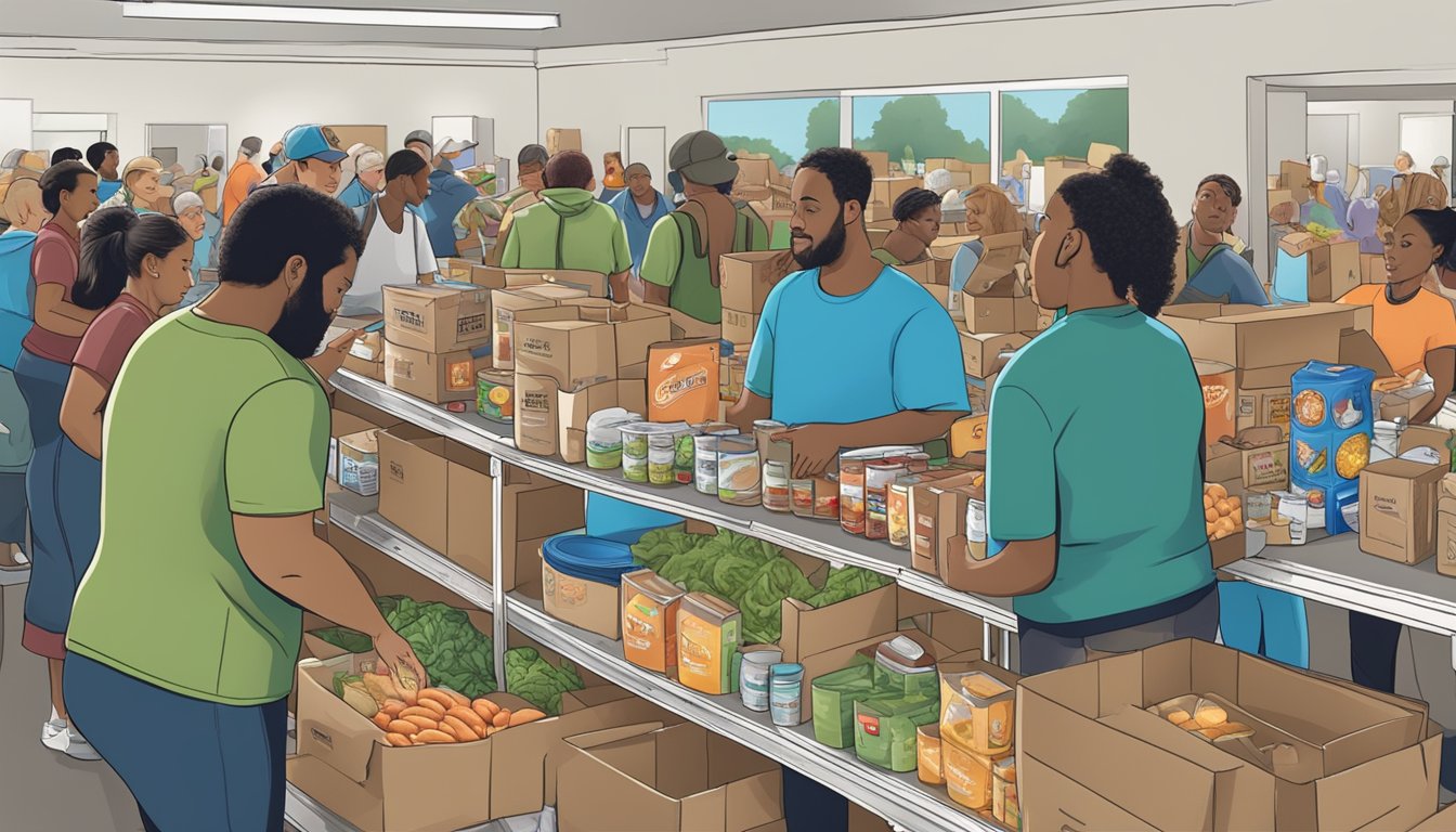 A bustling food pantry in Texas, with volunteers distributing groceries to those in need