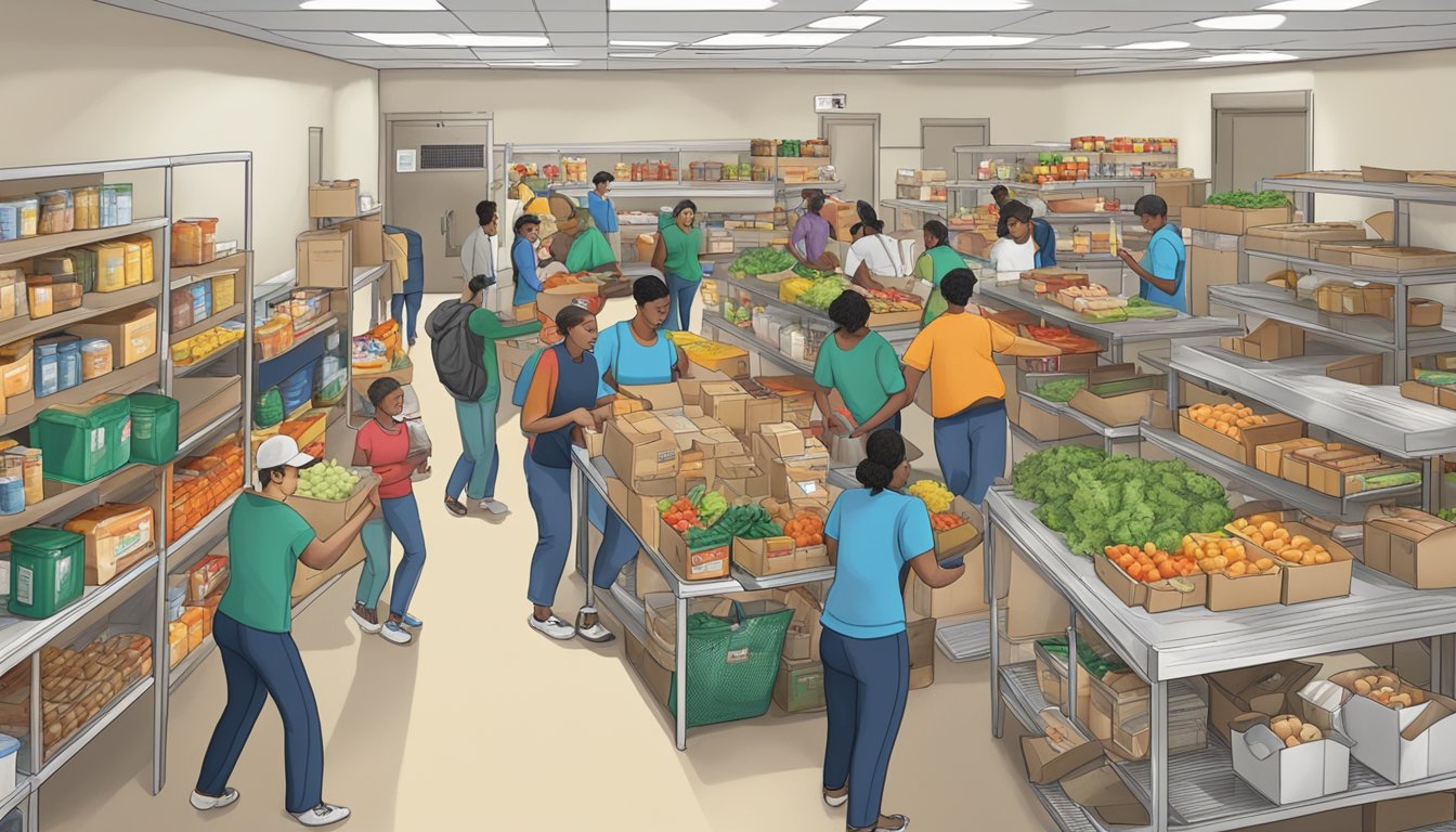 A bustling food pantry in Texas, with volunteers distributing free groceries to those in need