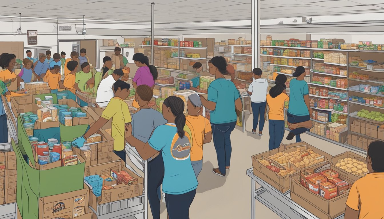 A bustling food pantry in Jim Hogg County, Texas, with volunteers distributing free groceries to those in need