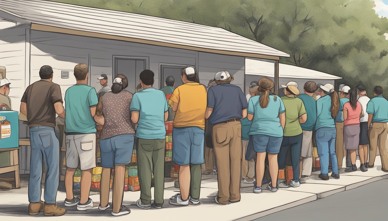 A line of people waits outside a small food pantry in Jim Hogg County, Texas. Volunteers hand out bags of groceries to those in need