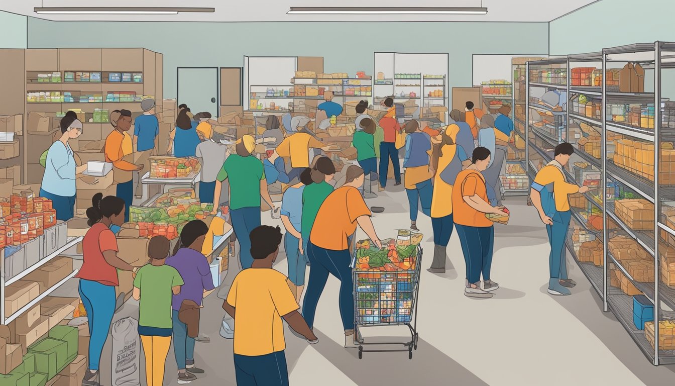 A bustling food pantry in Jim Hogg County, Texas, with volunteers distributing free groceries to those in need