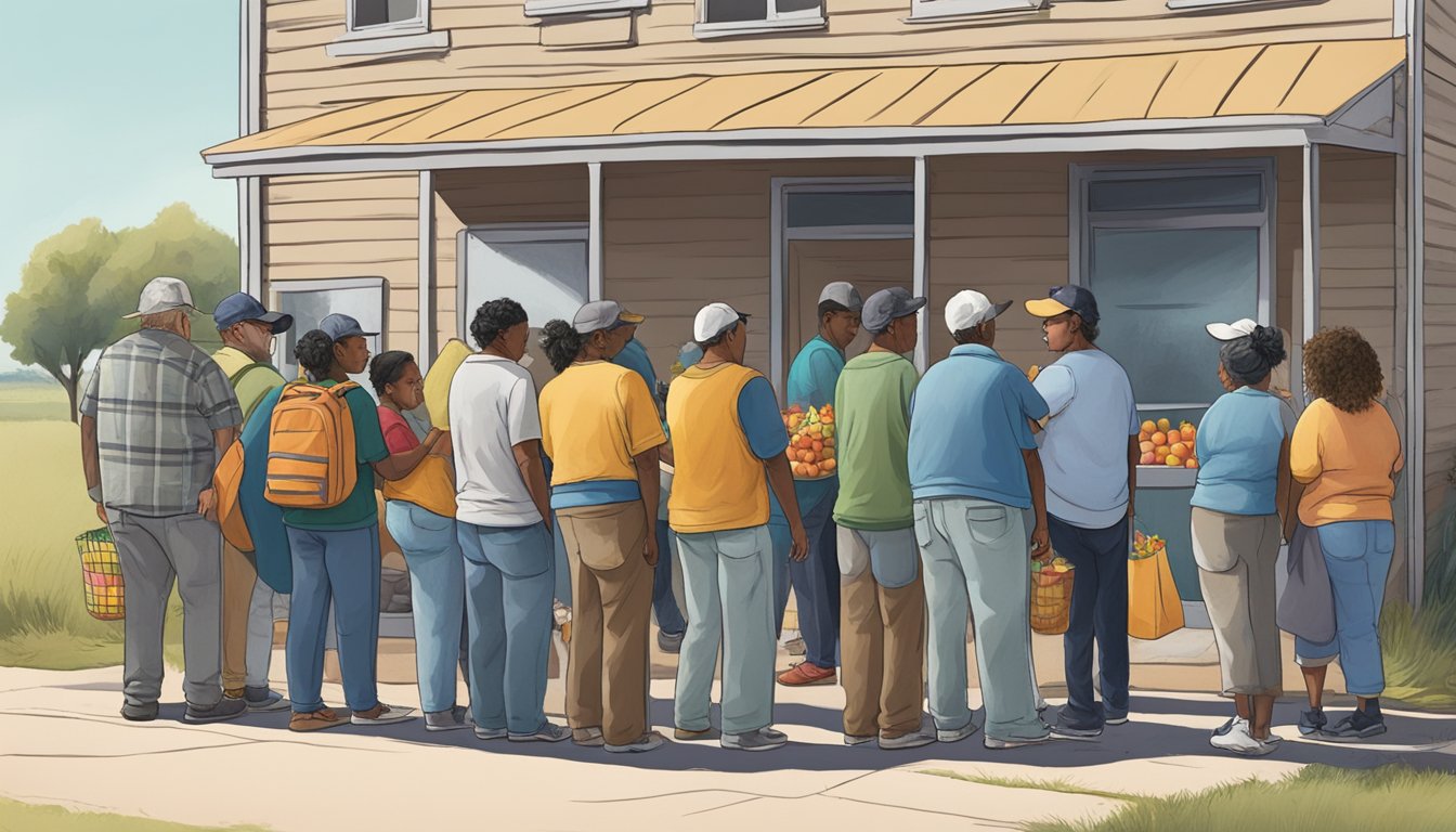 A line of people wait outside a small building, where volunteers distribute free groceries and food items in Haskell County, Texas