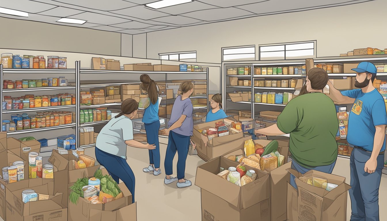 A bustling food pantry in Jim Hogg County, Texas, with volunteers handing out groceries to those in need