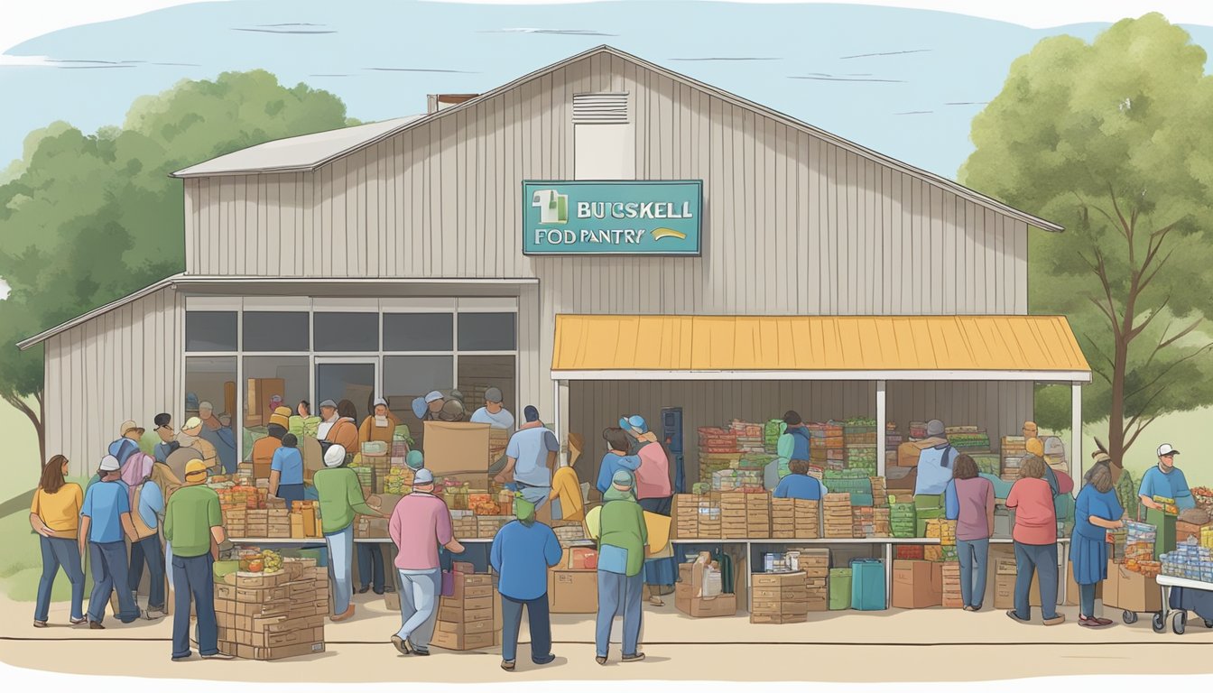 A bustling food pantry in Haskell County, Texas, with volunteers distributing free groceries to those in need