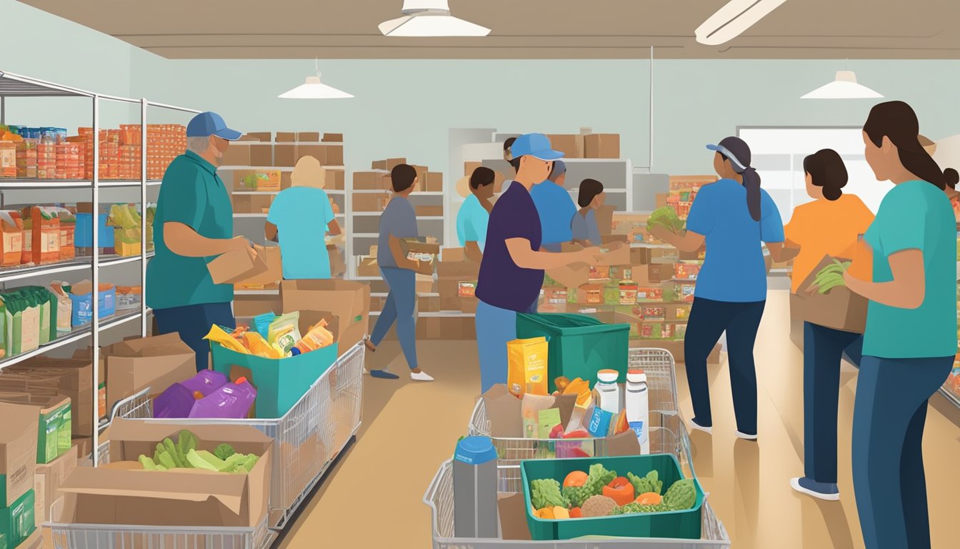 A bustling food pantry in Jim Hogg County, Texas, with volunteers distributing free groceries to families in need