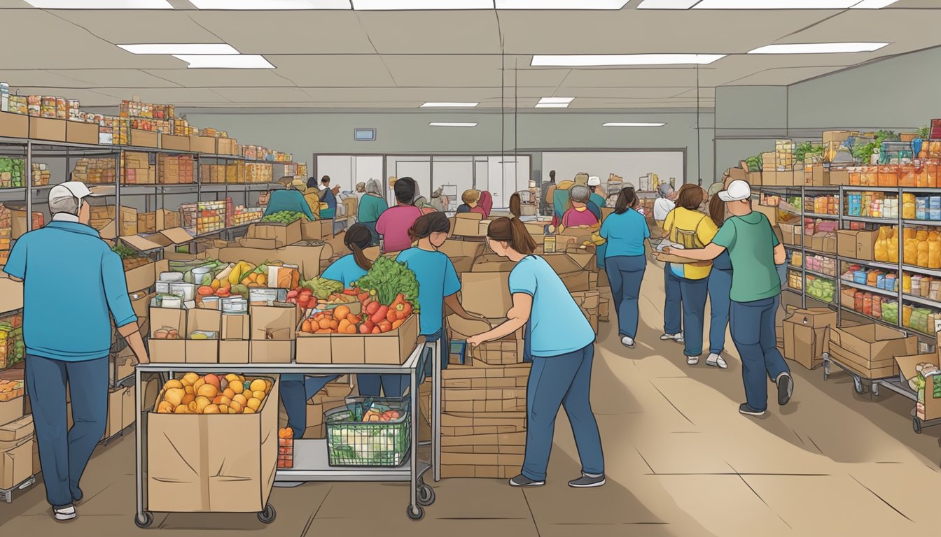 A bustling food pantry in Haskell County, Texas, with volunteers distributing free groceries to those in need