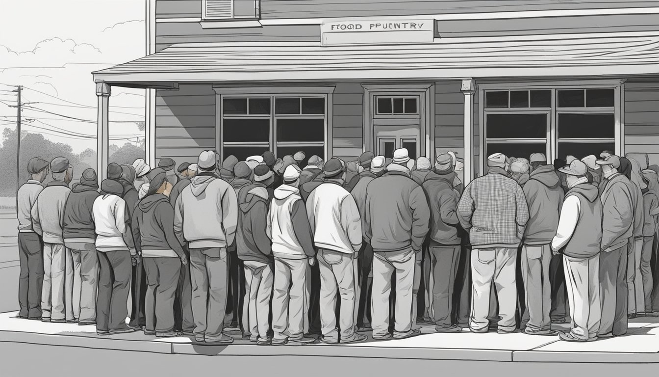 A line of people waits outside a food pantry in Jones County, Texas. Volunteers hand out free groceries to those in need