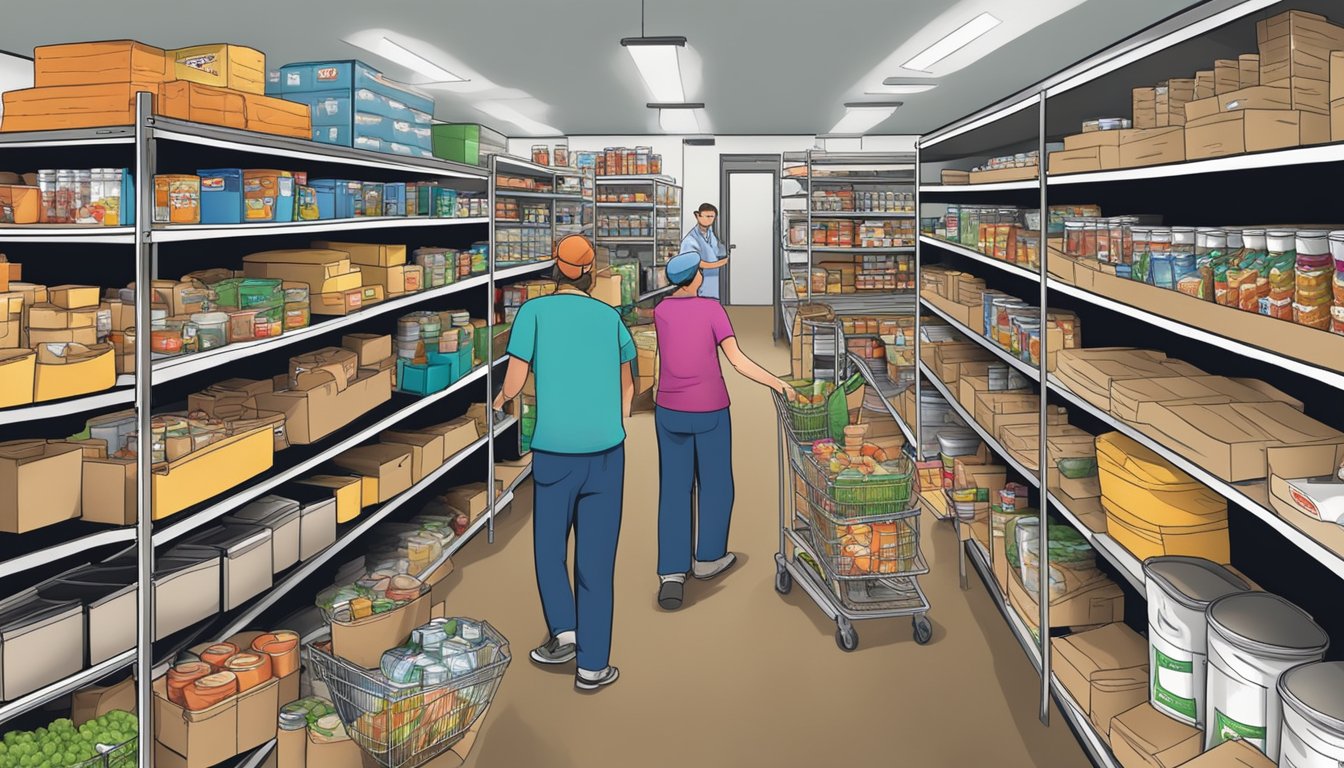 A bustling food pantry with shelves stocked full of groceries and volunteers assisting those in need in Haskell County, Texas