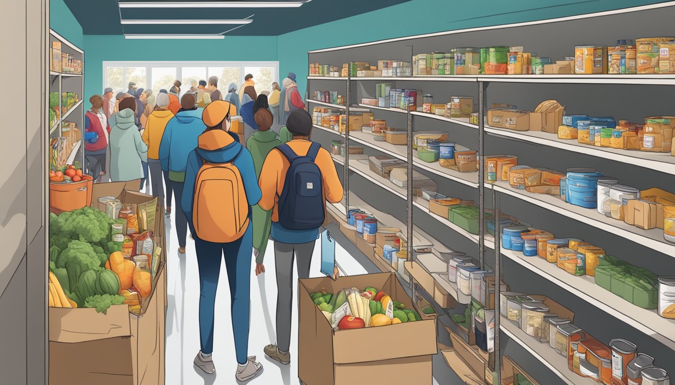 A bustling food pantry with shelves stocked full of free groceries, volunteers assisting those in need, and a line of people waiting for assistance