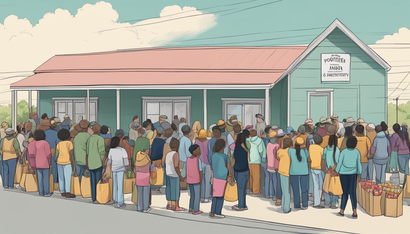 A line of people waits outside a food pantry in Jones County, Texas. Volunteers hand out groceries to those in need