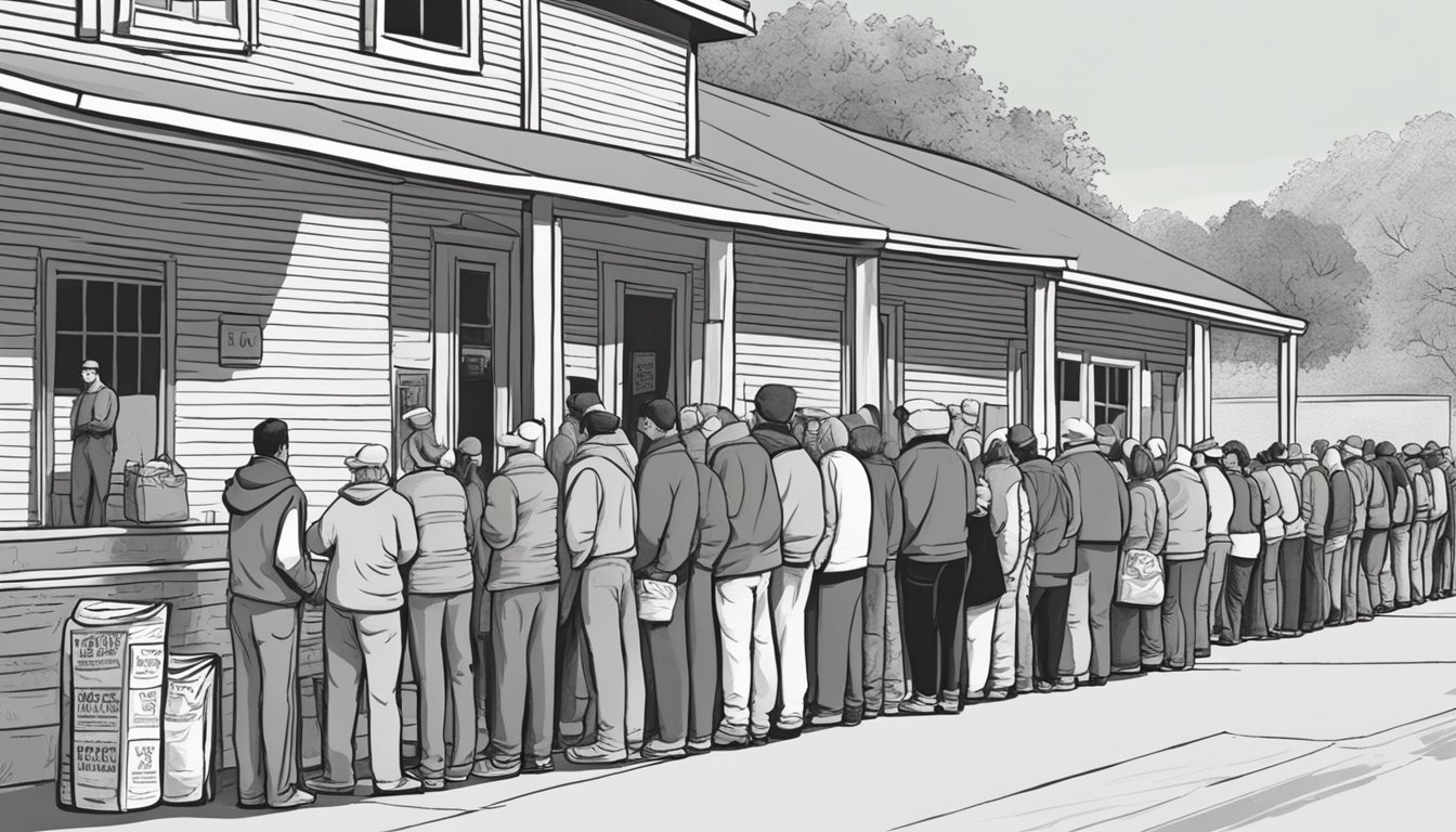 A line of people waiting outside a food pantry in Henderson County, Texas. Volunteers distribute free groceries to those in need