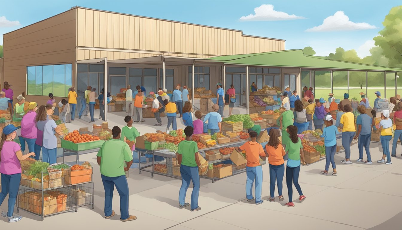 A community center in Jones County, Texas, bustling with volunteers distributing free groceries and food to those in need