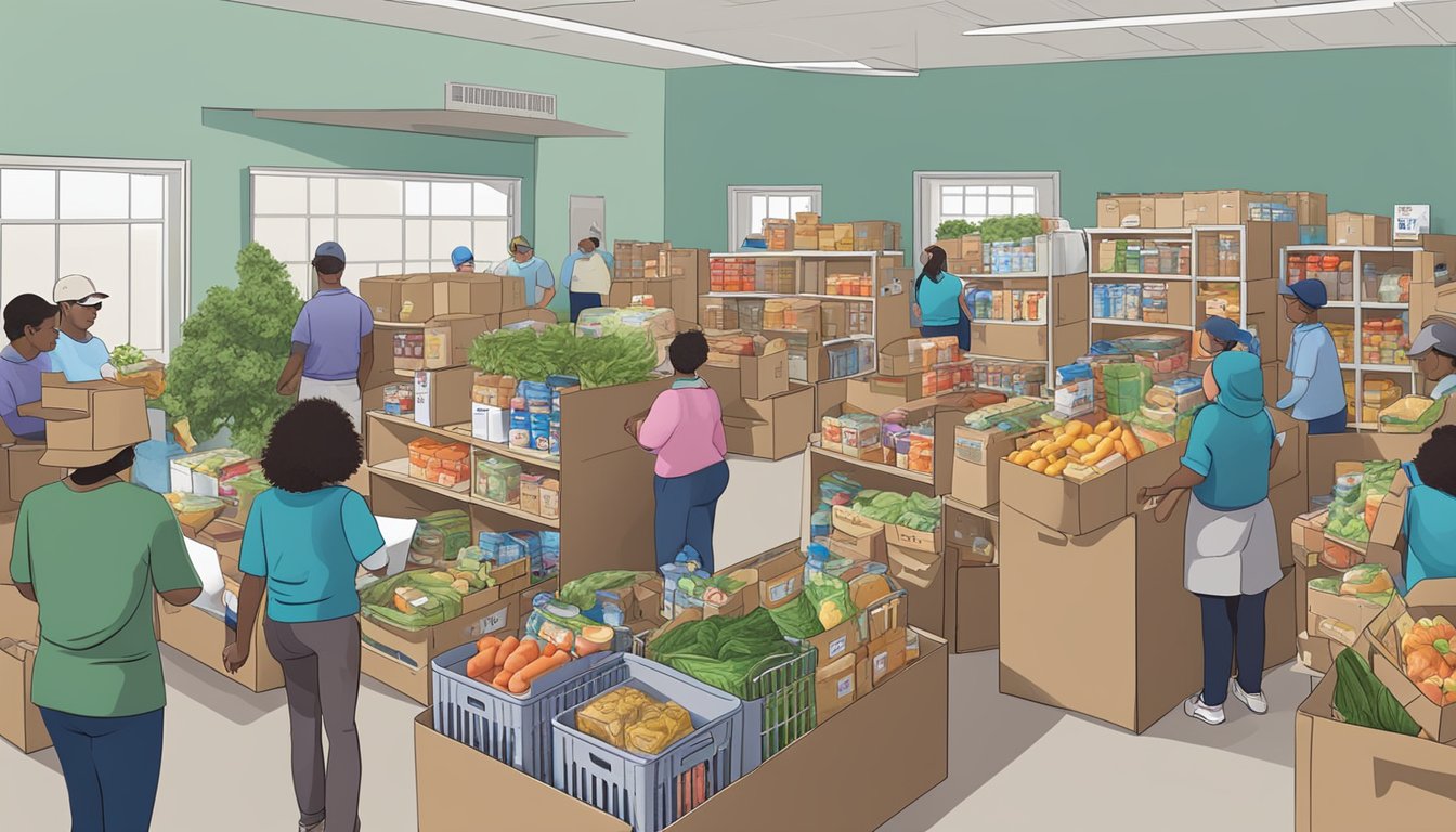 A bustling food pantry in Jones County, Texas, with volunteers distributing groceries to those in need