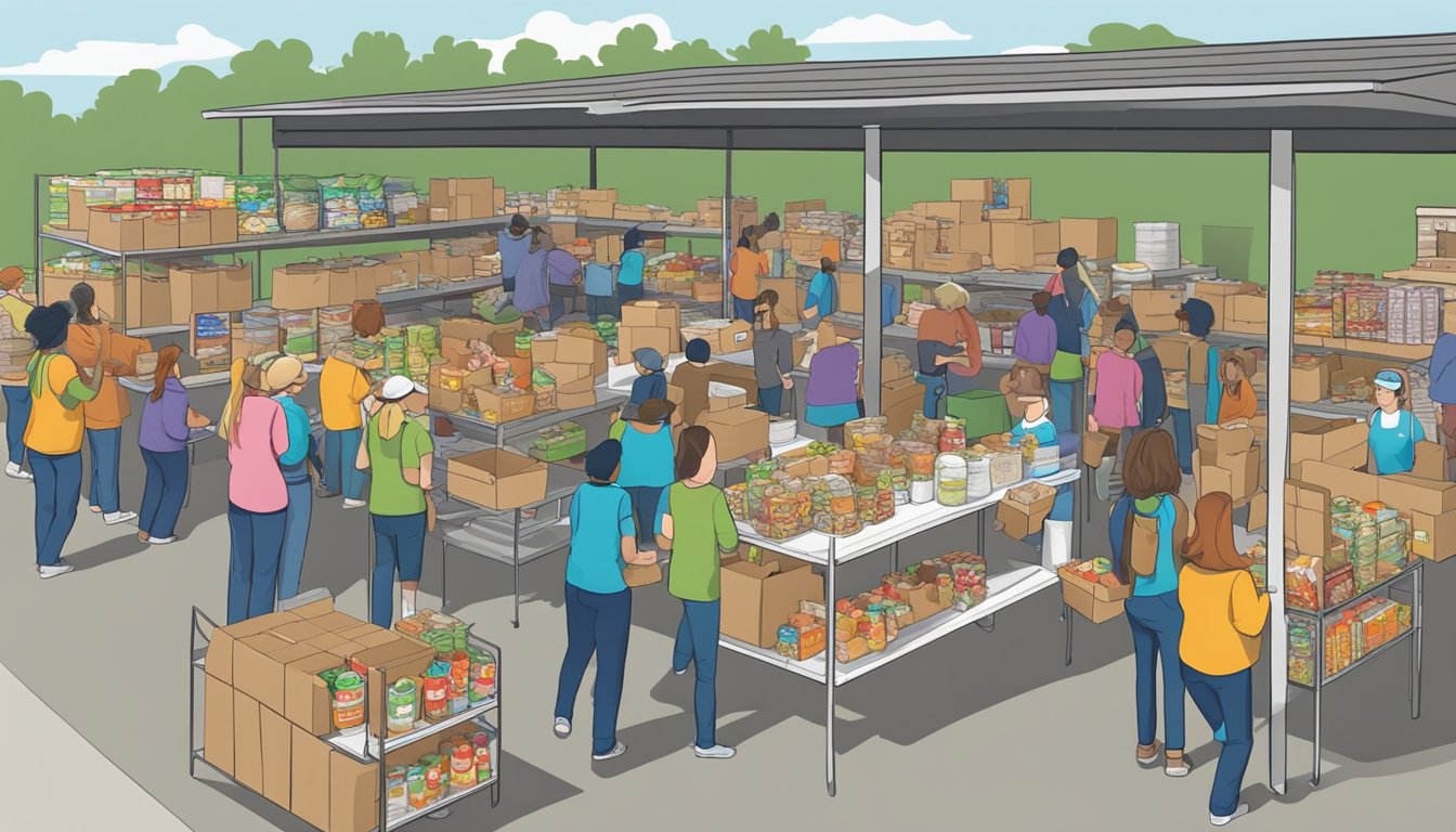 A bustling food pantry in Johnson County, Texas, with volunteers distributing free groceries to those in need