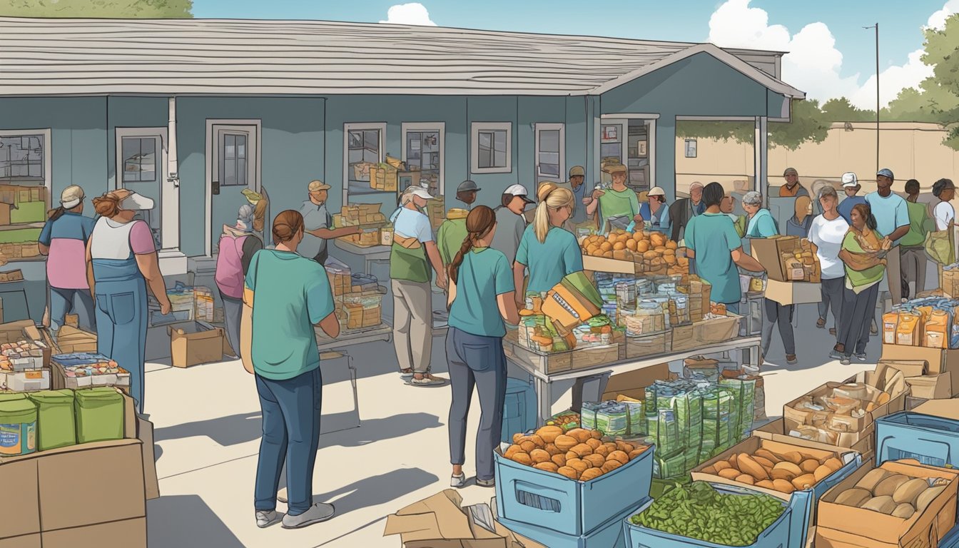 A bustling food pantry in Jones County, Texas, with volunteers distributing free groceries to those in need