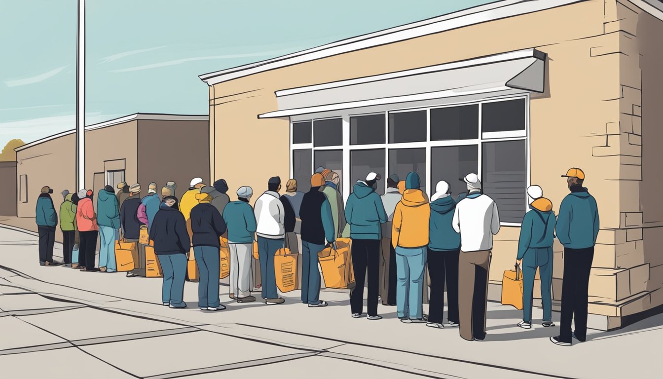 A line of people waits outside a food pantry in Johnson County, Texas. Volunteers distribute free groceries to those in need