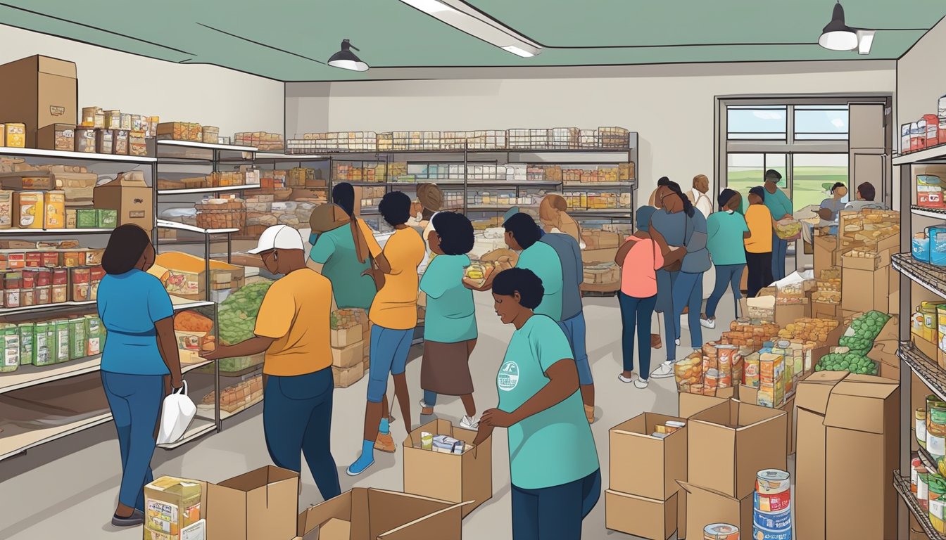 A bustling food pantry in Johnson County, Texas, where volunteers distribute free groceries to those in need as part of community and faith-based initiatives