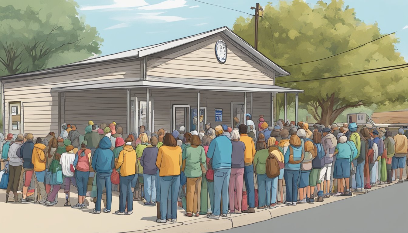 People lined up outside a food pantry in Henderson County, Texas, waiting for free groceries. Tables stacked with food and volunteers distributing items