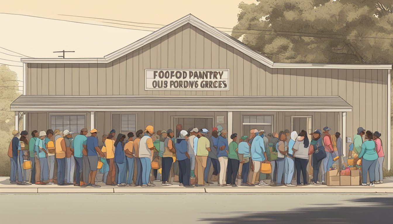 A line of people waiting outside a food pantry in Jones County, Texas, with volunteers handing out free groceries to those in need