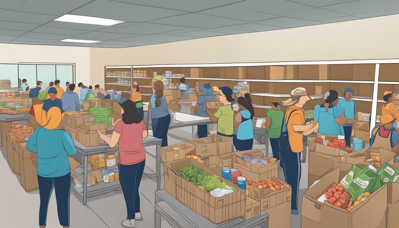 A bustling food pantry in Johnson County, Texas, with volunteers distributing free groceries to those in need