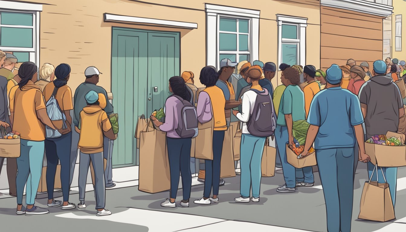 A line of people waiting outside a food pantry, with volunteers handing out bags of groceries to those in need