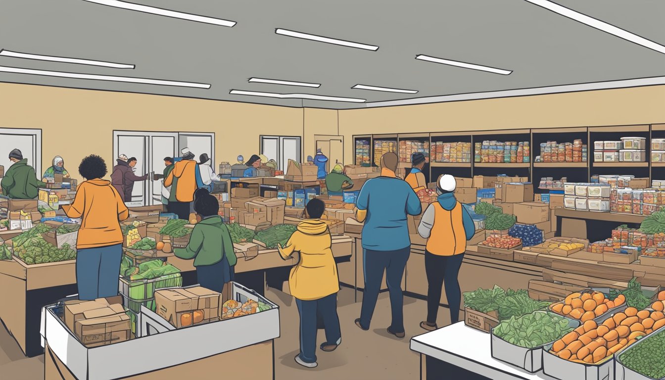 A bustling food pantry in Johnson County, Texas, with volunteers distributing free groceries to those in need during the holiday season